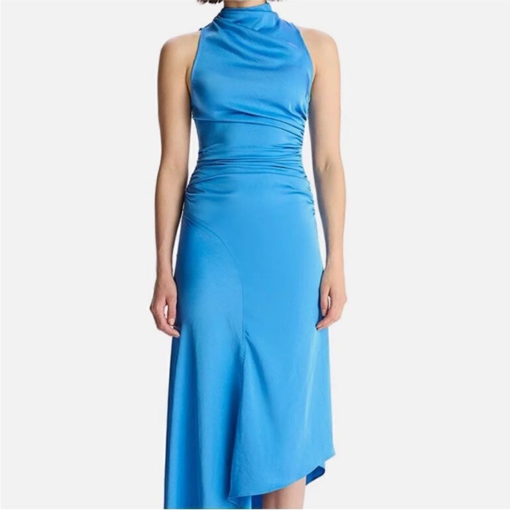 ALC Blue Asymmetrical Iggy Ruched Halter Midi Dress Size 6 Bright Blue